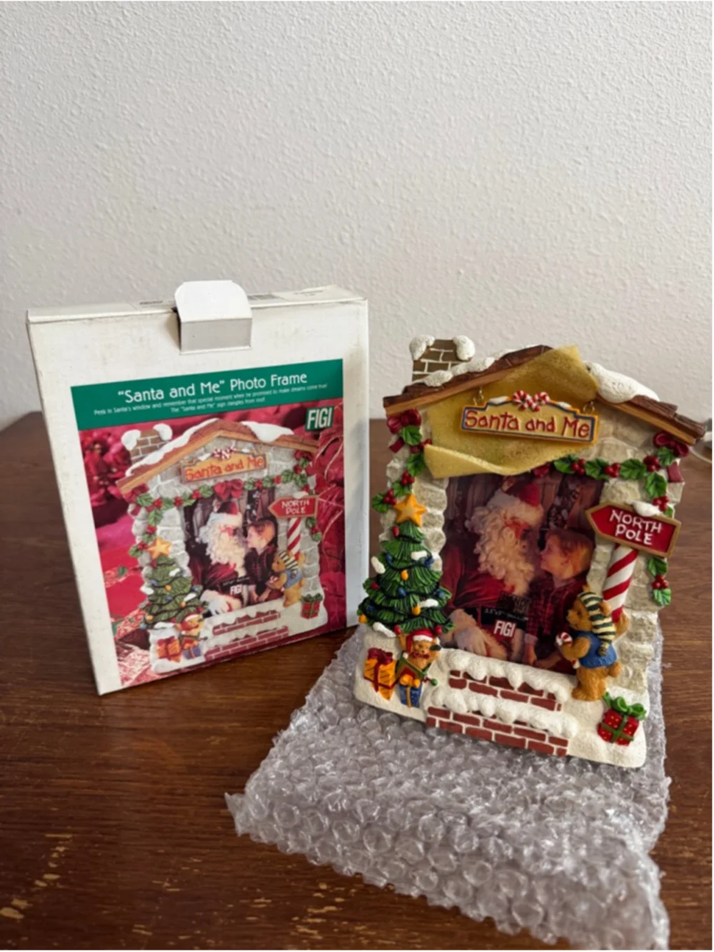 Vintage 1998 FIGI Santa And Me Christmas Photo Frame 3.5x5 Hand Painted w/ Box